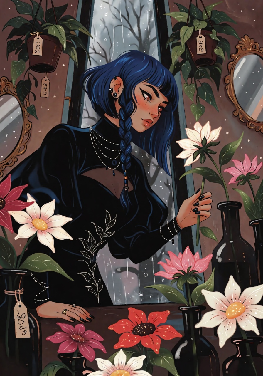 DstJsmnj,  Digital illustration A woman with cool beige skin and dark cobalt hair cut into a sharp asymmetrical bob,  with...