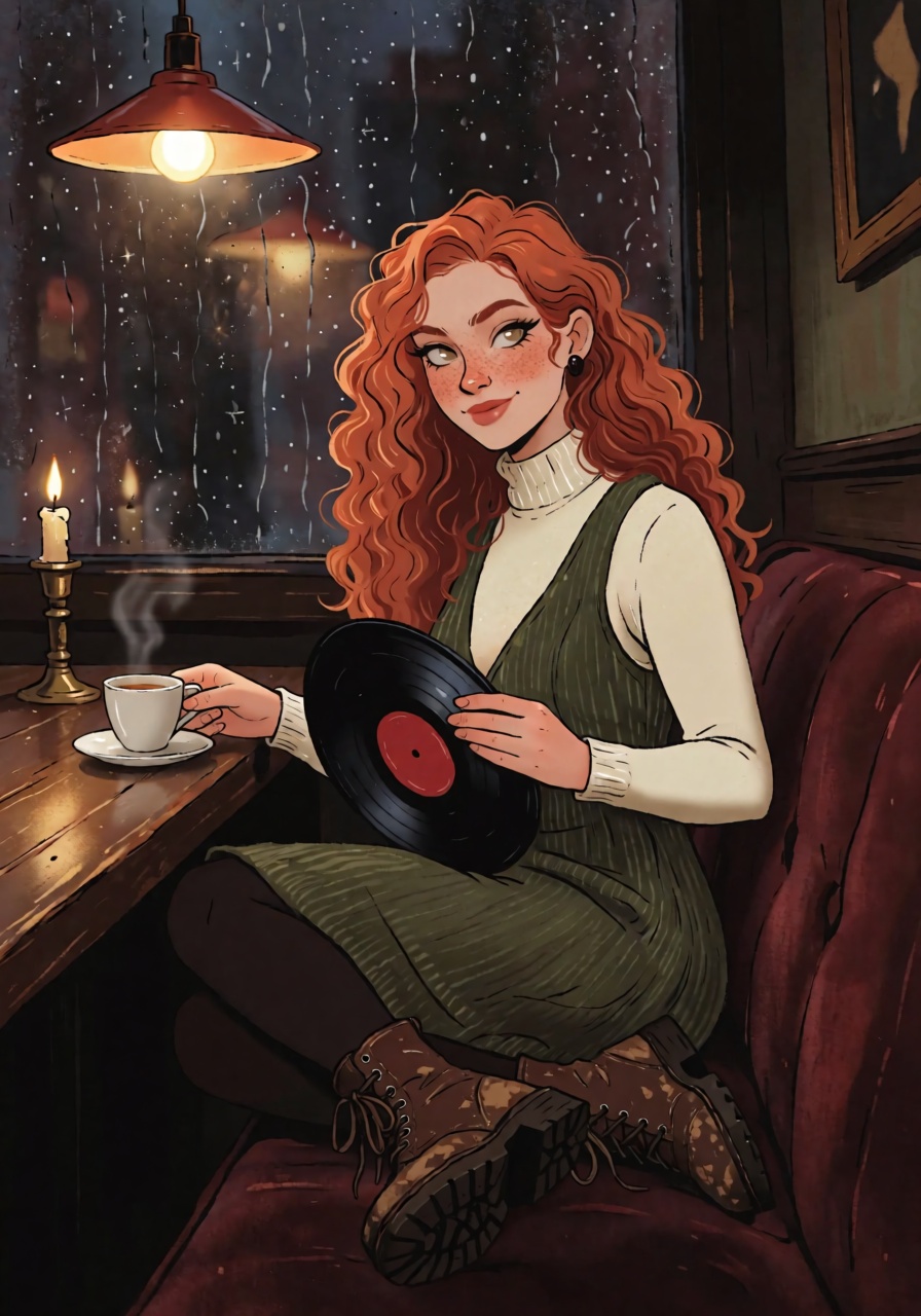 DstJsmnj,  Digital illustration A woman with long copper-red curls sits cross-legged on a velvet bench in a dimly lit jazz...