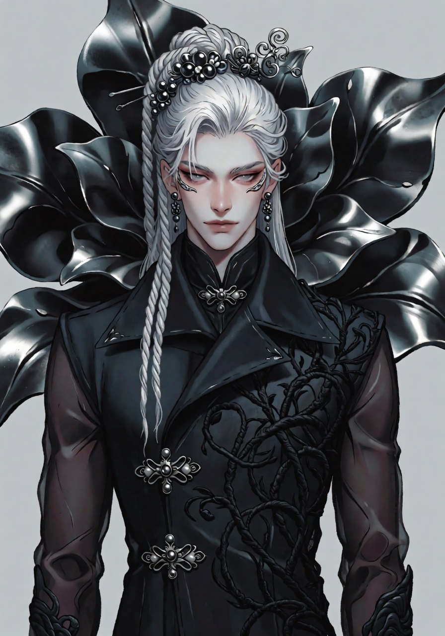 DstJsmnj,  Digital illustration An enigmatic man with waist-length silver hair gathered into an asymmetrical arrangement o...