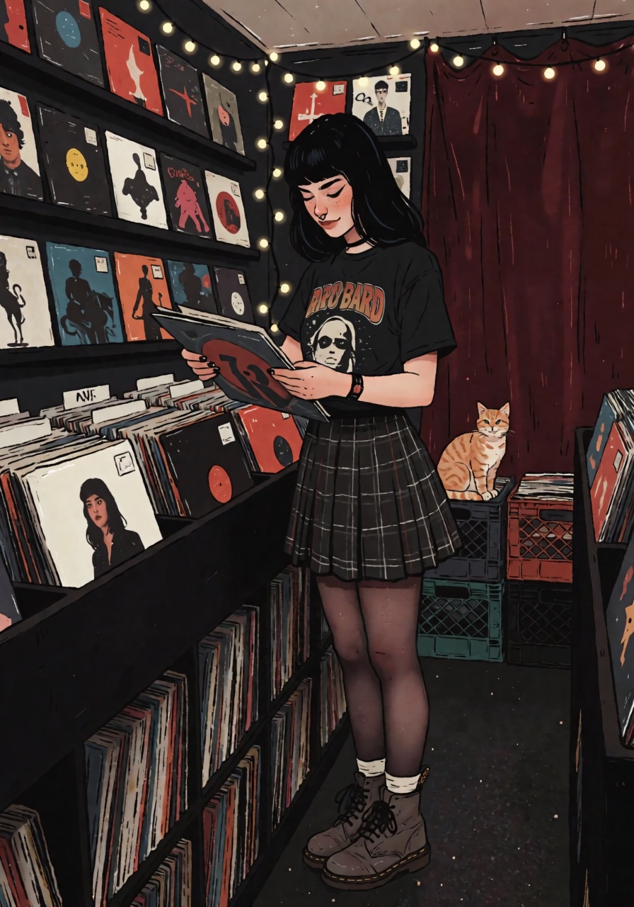 DstJsmnj,  Digital illustration A woman with thick black bangs and a nose ring flips through vinyl records inside a crampe...