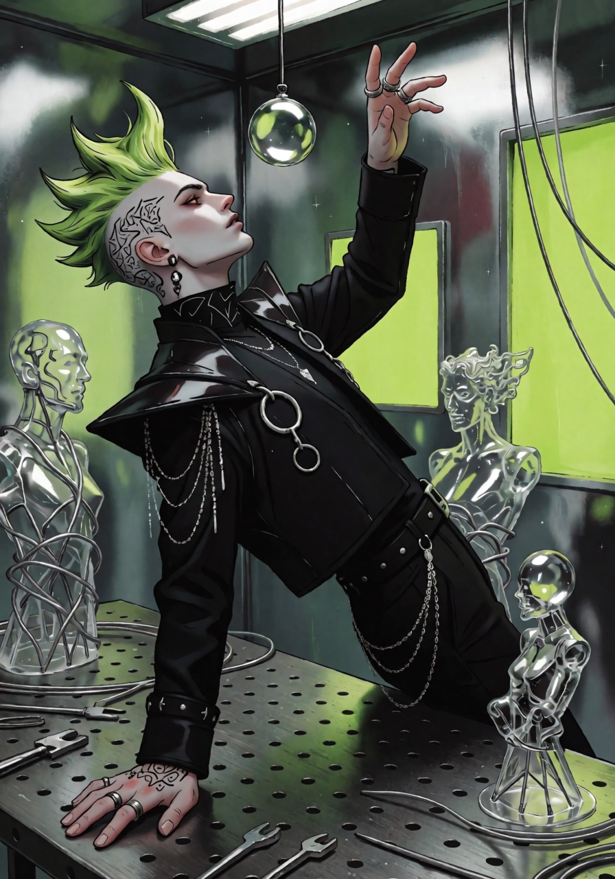 DstJsmnj,  Digital illustration A man with pale skin and neon-green hair styled into sculptural spikes,  with shaved sides...
