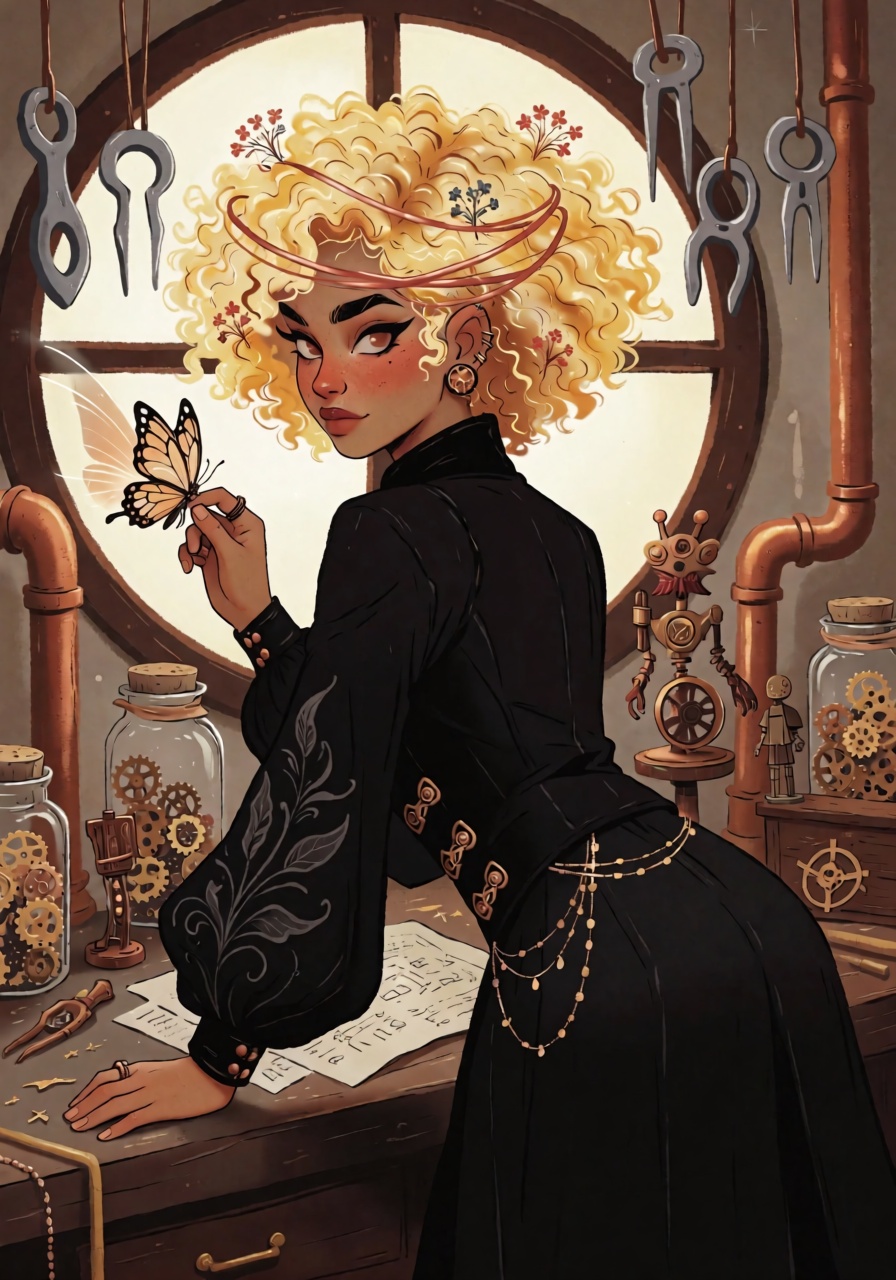 DstJsmnj,  Digital illustration A woman with medium olive skin and thick,  curly golden-yellow hair accented by thin coppe...
