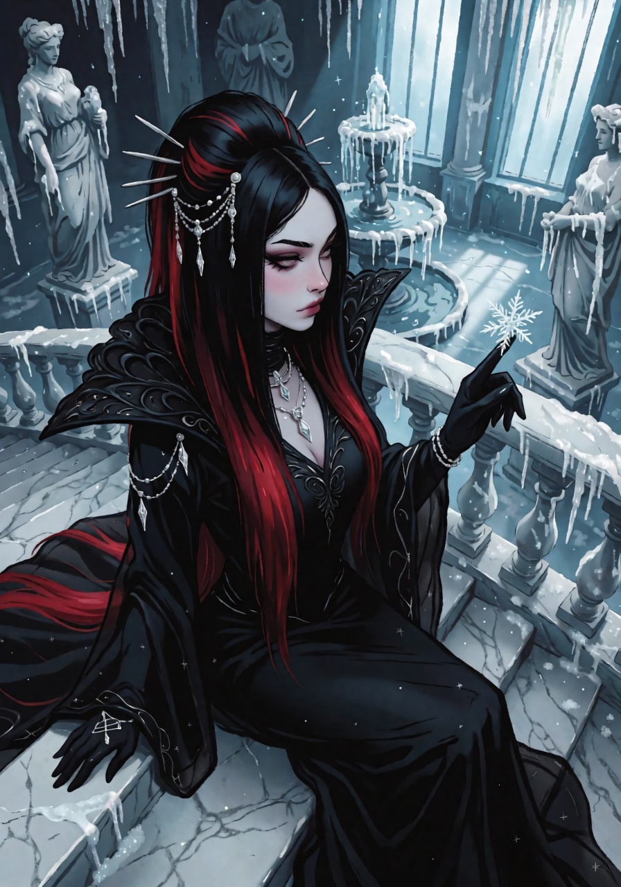 DstJsmnj,  Digital illustration A woman with very pale skin and long,  straight jet-black hair streaked with vivid crimson...