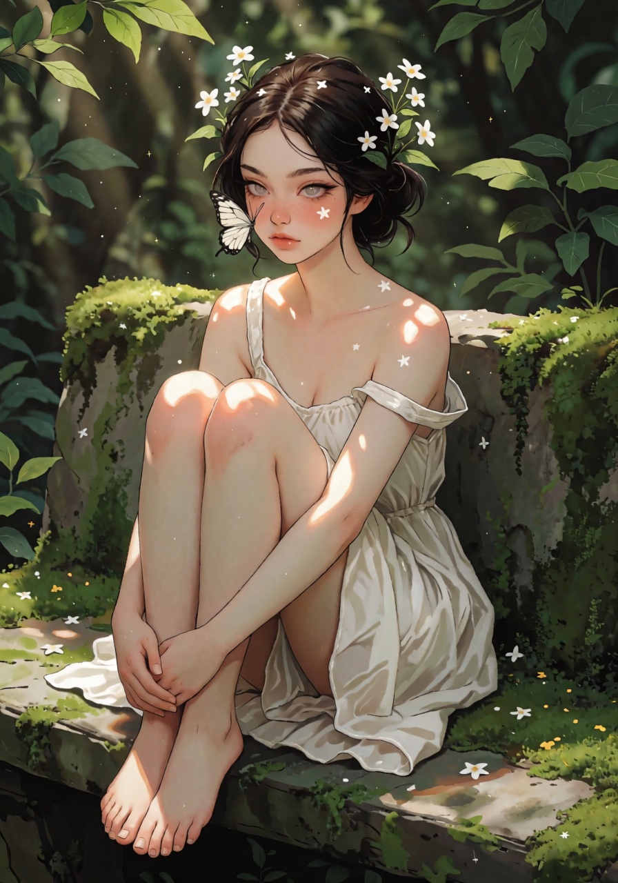 DstJsmnj,  Digital illustration A young woman sits on a moss-covered stone bench,  her knees drawn up to her chest. Small...