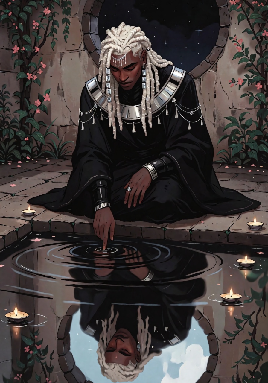 DstJsmnj,  Digital illustration A man with dark mahogany skin and long,  bright-white dreadlocks decorated with silver rin...