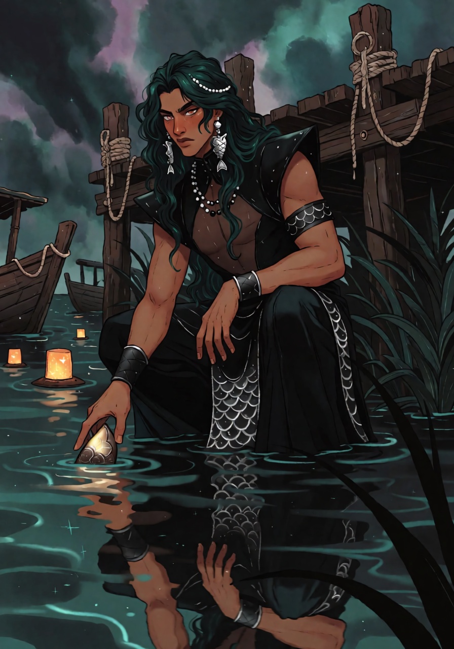 DstJsmnj,  Digital illustration A man with deep bronze skin and long,  wavy midnight-green hair on Tensor.Art