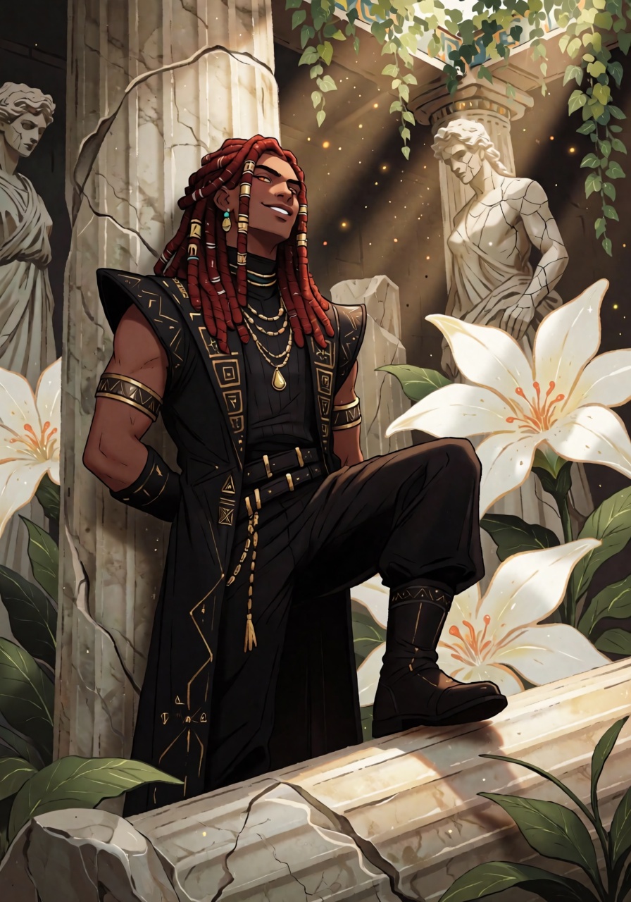 DstJsmnj,  Digital illustration A dark-skinned man with warm mahogany skin and long,  copper-red locs decorated with antiq...