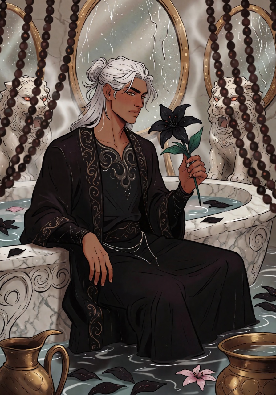DstJsmnj,  Digital illustration A man with deep olive skin and long silver-white hair gathered into a loose knot with stra...