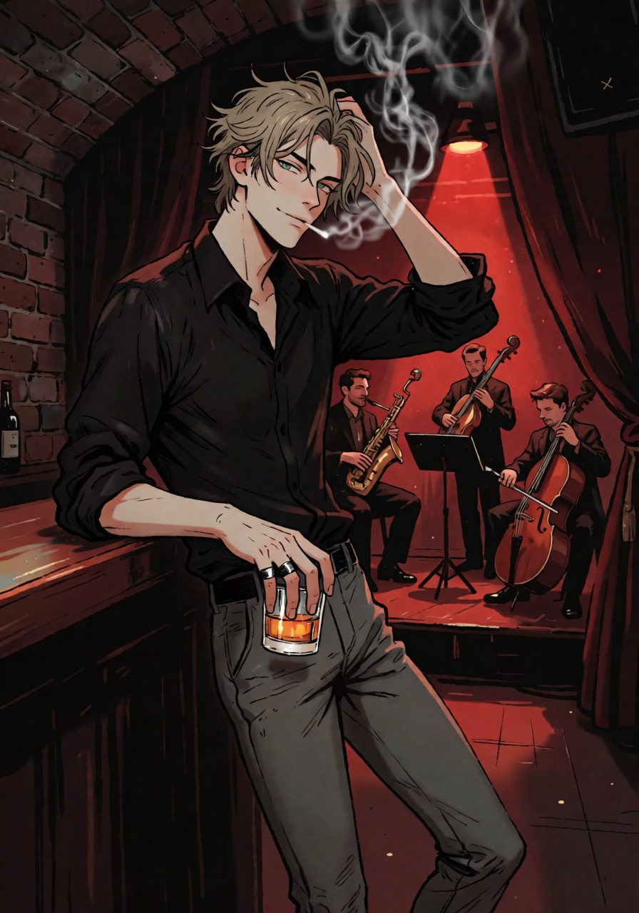DstJsmnj,  Digital illustration A lean man with messy sandy hair and a silver ring on his right hand leans against the bar...