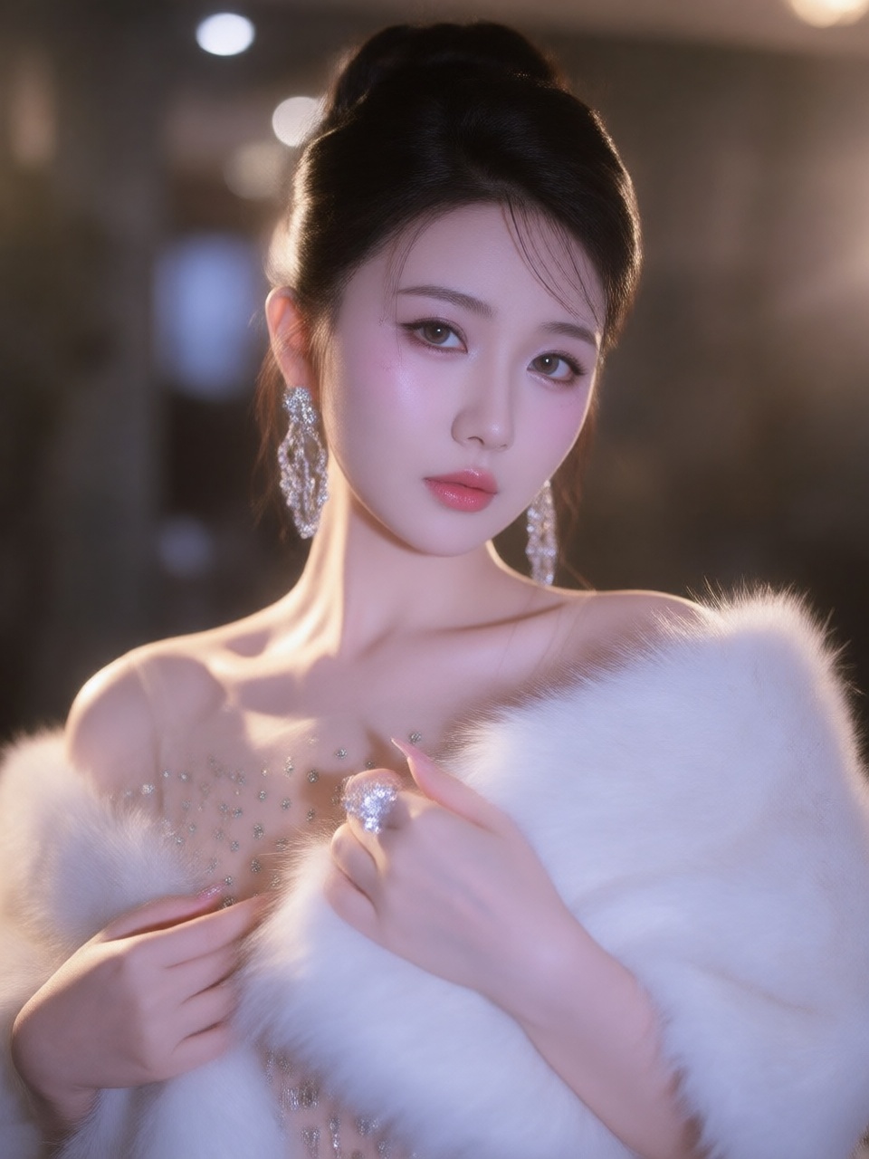The image is a photograph of an East Asian woman with fair skin and delicate features,  captured in a softly lit indoor se...
