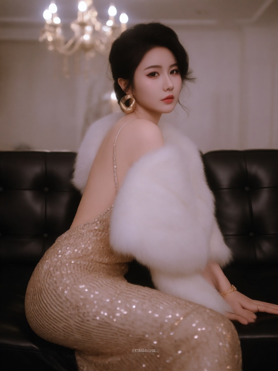 The image is a photograph featuring a young Asian woman with fair skin and dark,  wavy hair styled in an elegant updo. She...