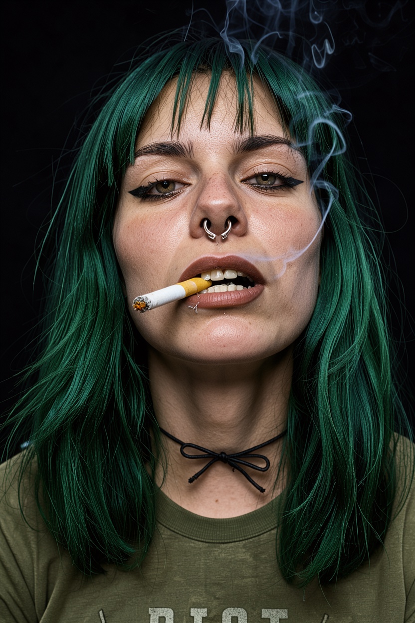 A gritty close-up portrait of a young woman with a rebellious,  alternative aesthetic. She has vibrant dark emerald green...