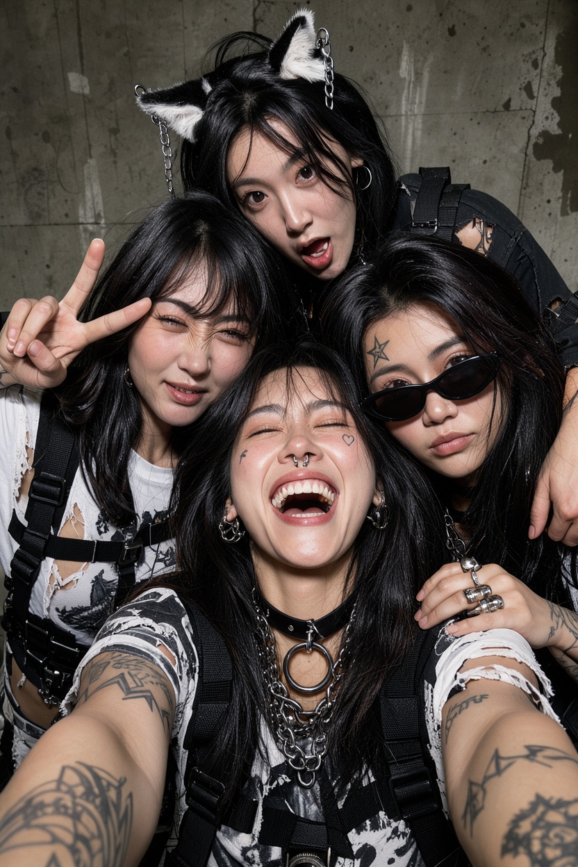 A dynamic and candid selfie-style portrait of four young East Asian women with a rebellious cyber-goth alternative fashion...