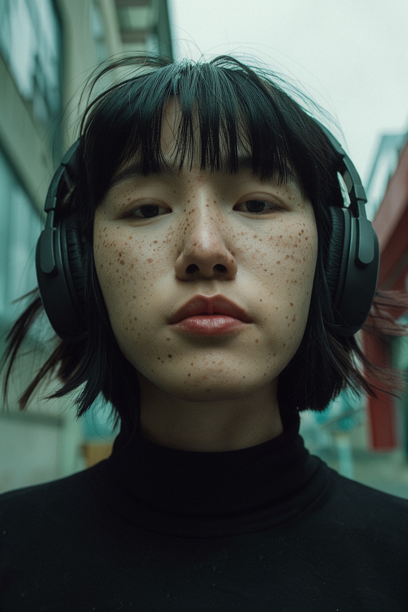 A low-angle cinematic portrait of a young woman with a moody,  melancholic expression. She has short,  messy black bob hai...