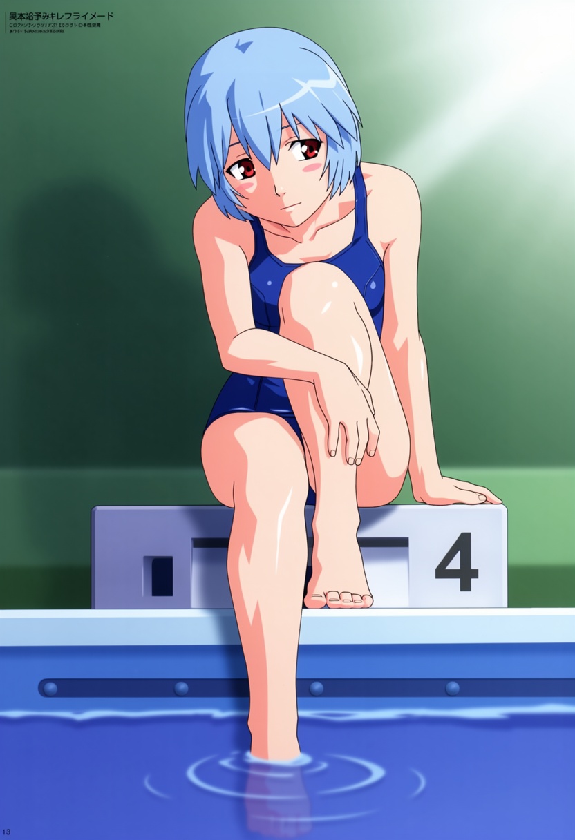 @watanabe akio,  Rei ayanami in a school swimsuit is sitting on the springboard of an outdoor pool area. Her cheeks are ad...