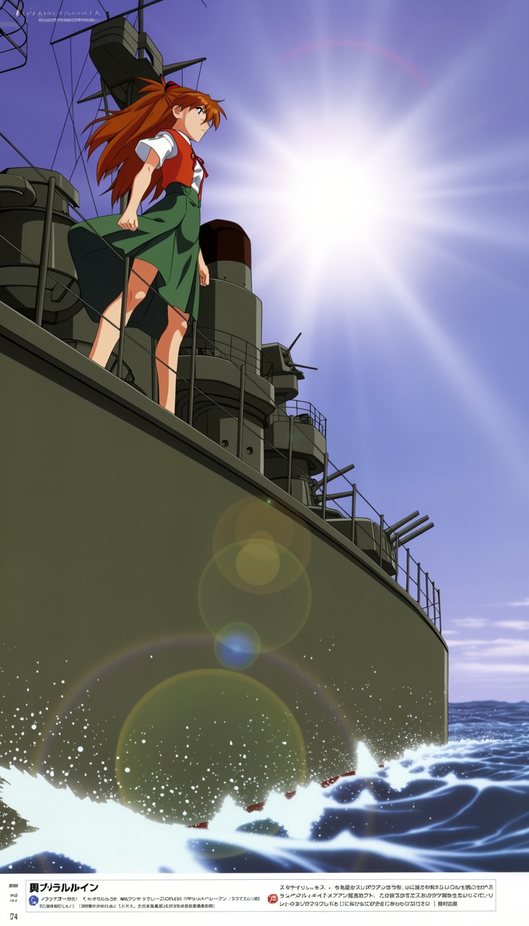 @watanabe akio,  A dynamic,  low-angled epic depicting a warship piecing through the ocean. On top of the ship Asuka Langl...