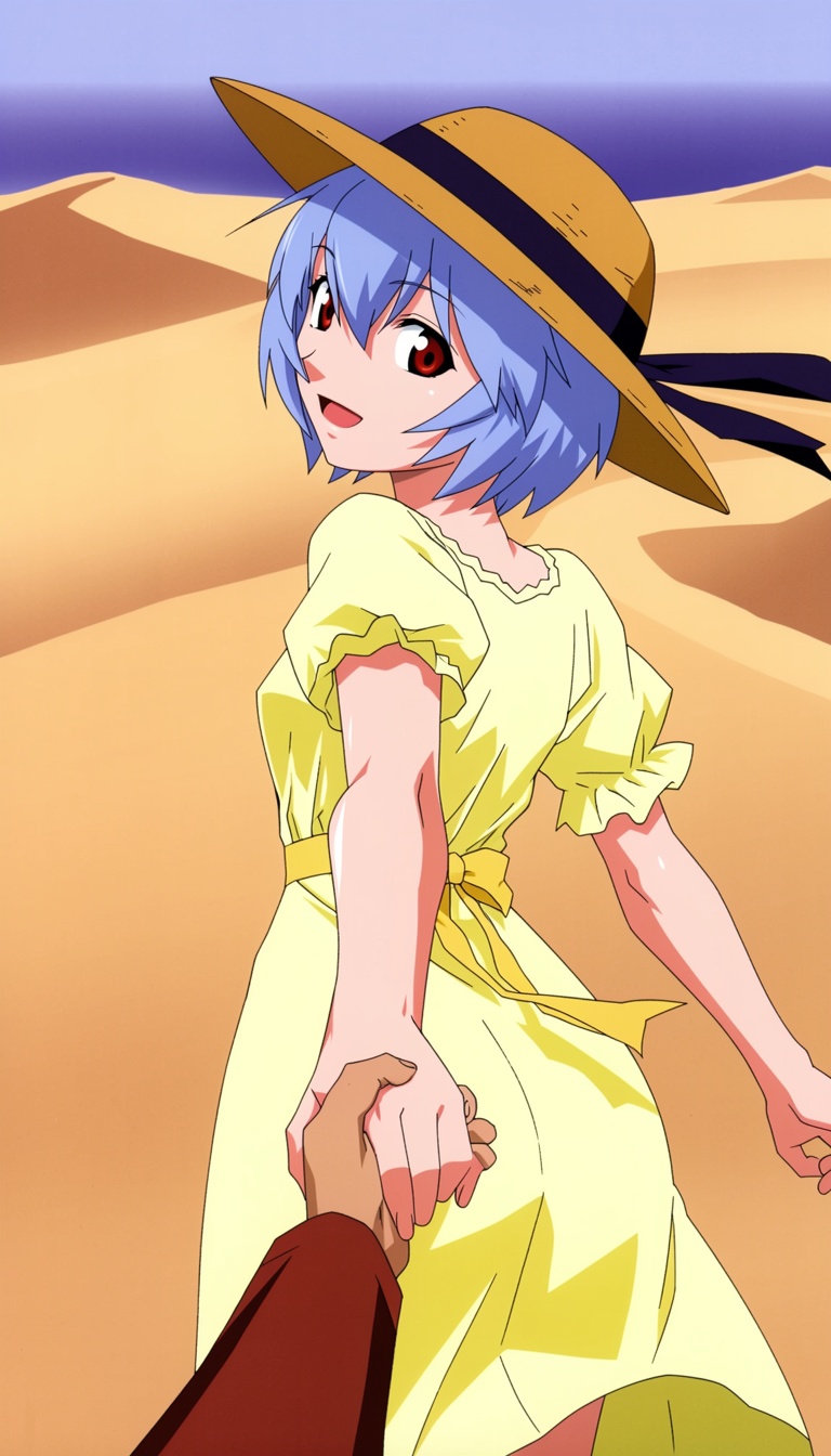 @watanabe akio,  Male POV perspectiv capturing Rei Ayanami energetically pulling the POV men's hand,  as they walk towards...