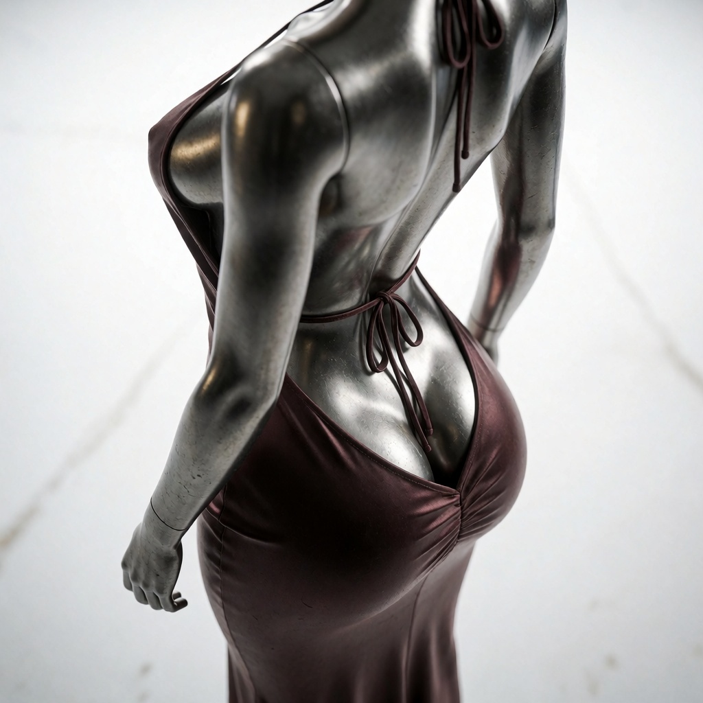 high-angle shot,  a flirty metal mannequin with wide hips wearing a backless dress revealing buttocks. viewed from back th...
