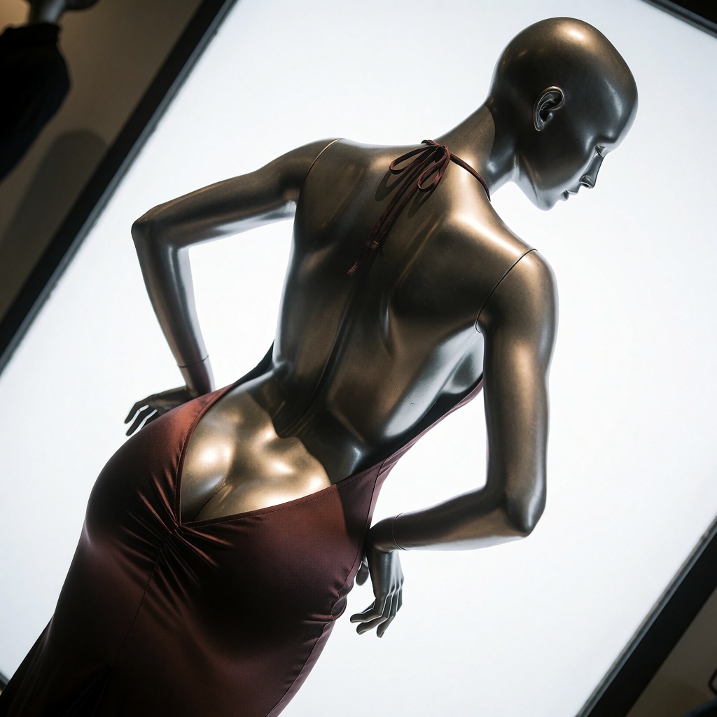 high-angle shot,  a flirty metal mannequin with wide hips wearing a backless dress revealing buttocks. viewed from back th...