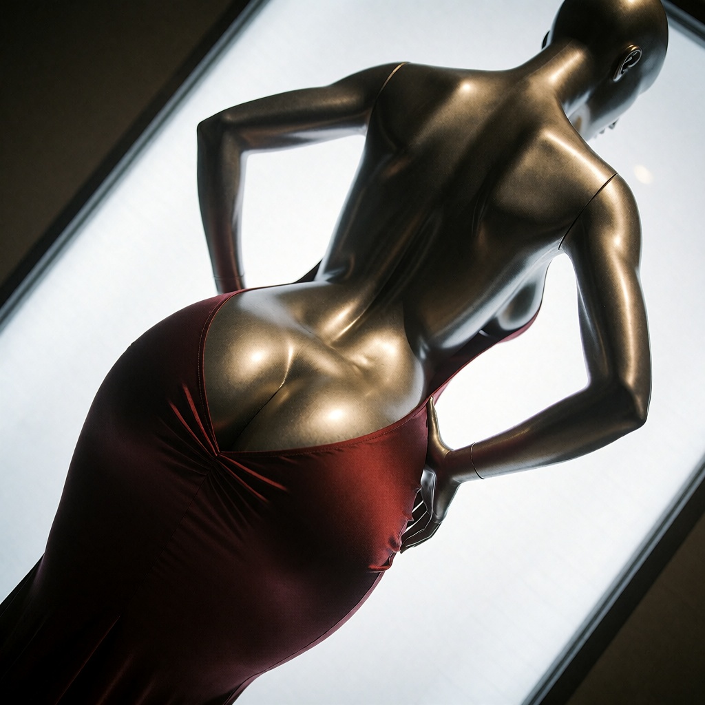 high-angle shot,  a flirty metal mannequin with wide hips wearing a backless dress revealing buttocks. viewed from back th...