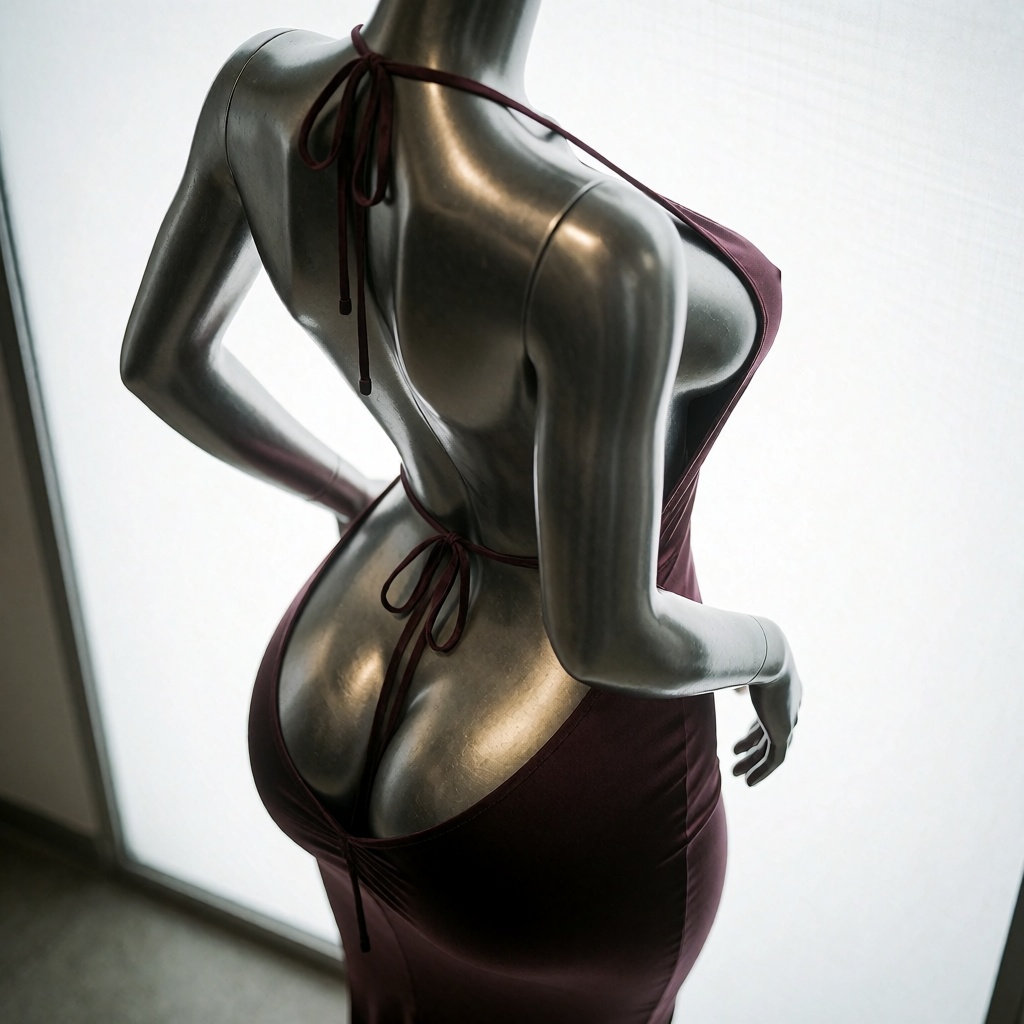 high-angle shot,  a flirty metal mannequin with wide hips wearing a backless dress revealing buttocks. viewed from back th...