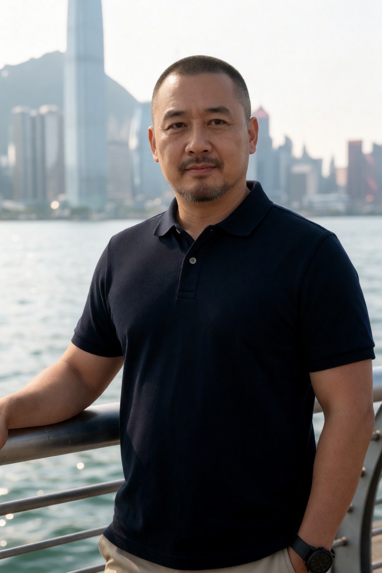 photo of a middle-aged asian man with a buzz cut and goatee,  wearing a navy polo shirt,  standing by a waterfront railing...