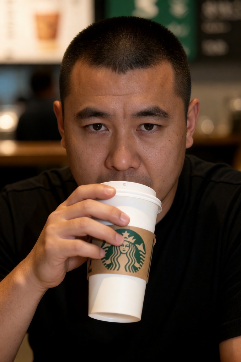 中国男子,  他留着短寸头和胡渣。照片中的他正在星巴克喝咖啡,  中等近景。asianman by 一起旅行 on Tensor.Art