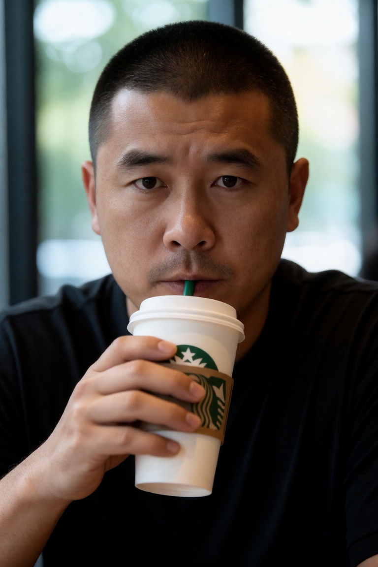 中国男子,  他留着短寸头和胡渣。照片中的他正在星巴克喝咖啡,  中等近景。asianman by 一起旅行 on Tensor.Art