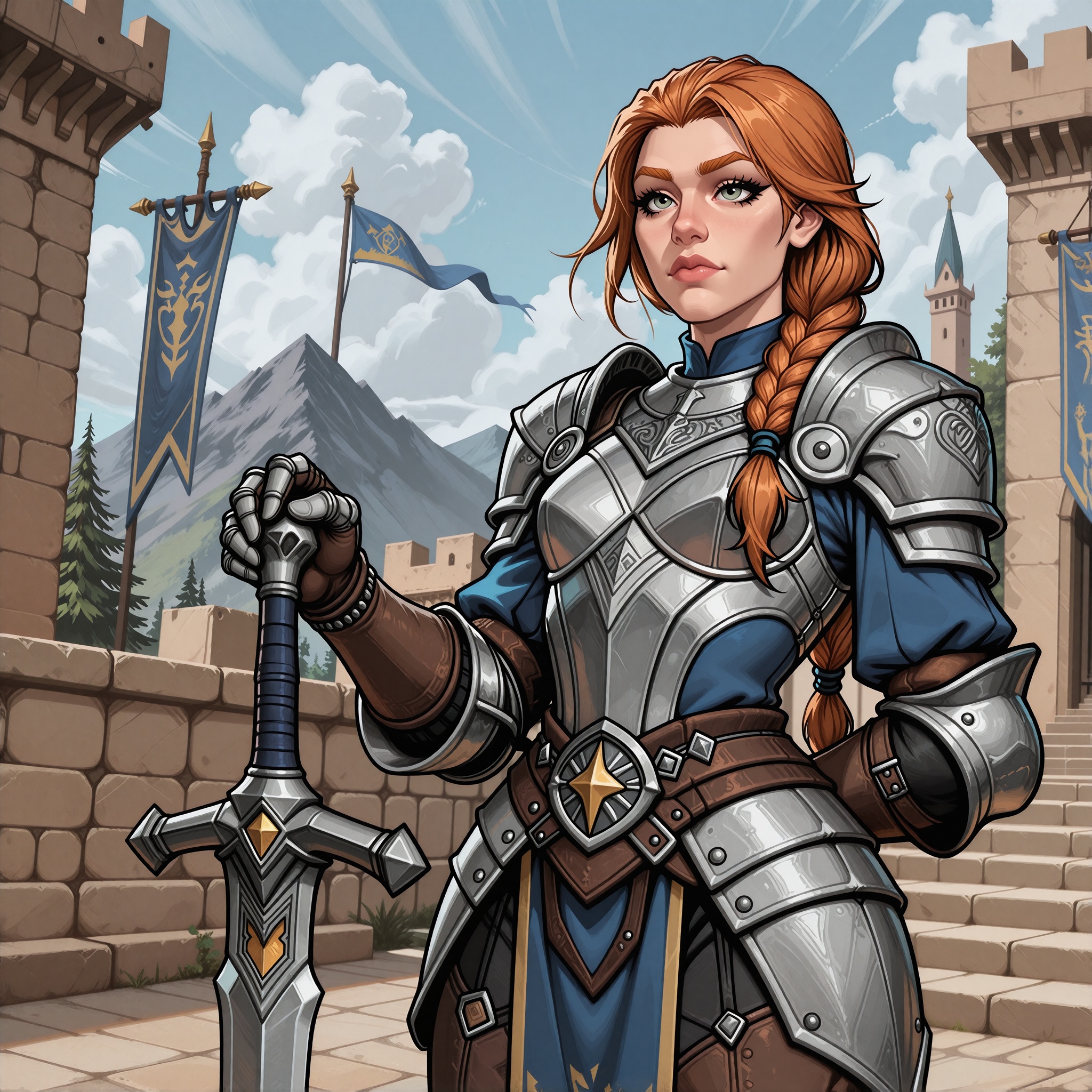 Vv.LXVIII - Bastion,  2d illustration,  She is standing proudly with a longsword resting point-down before her on Tensor.Art