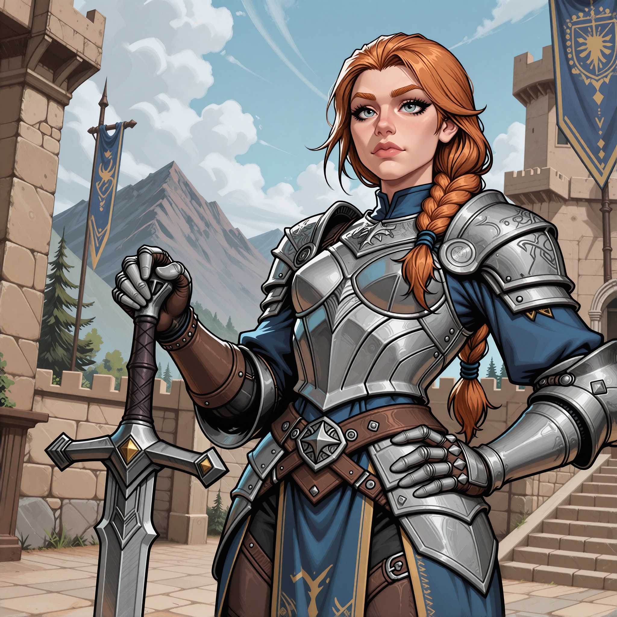 Vv.LXVIII - Bastion,  2d illustration,  She is standing proudly with a longsword resting point-down before her on Tensor.Art