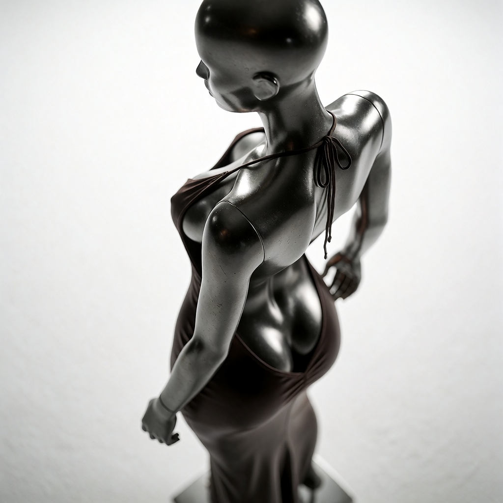 high-angle shot,  a flirty metal mannequin with wide hips wearing a backless dress revealing buttocks. viewed from back th...