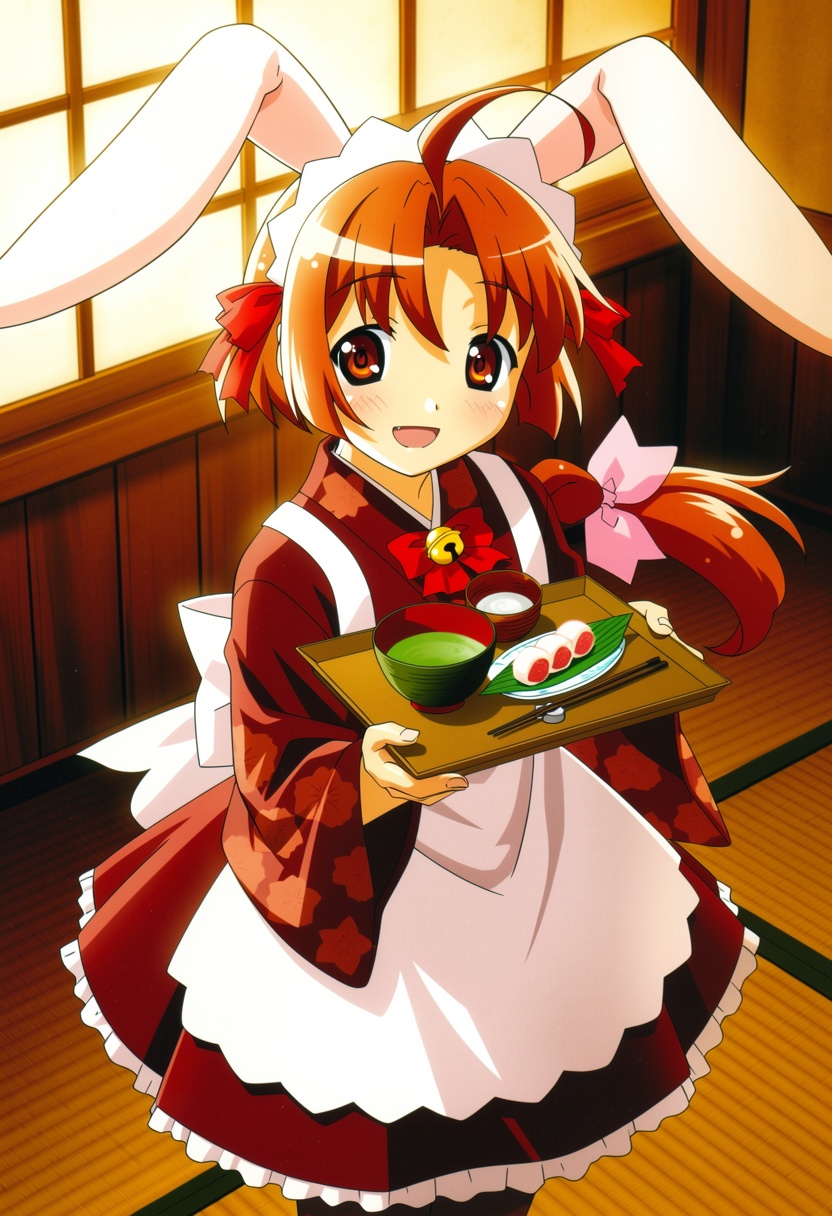a slightly high-angle cowboy shot of a cute rabbit-eared girl standing inside a traditional tatami tearoom,  smiling sweet...