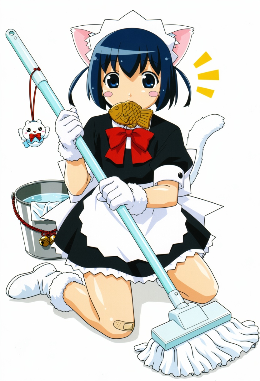 A full shot at a low camera height and slightly high viewing angle shows a young woman with cat ears and a tail,  kneeling...