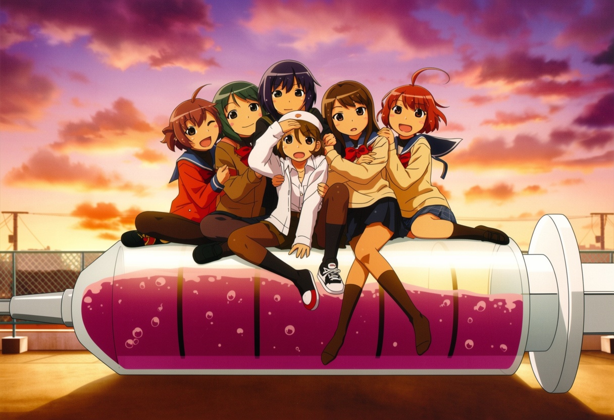 Straight-on illustration of 4 girls are sitting on a giant syringe filled with a dark pink bubbling liquid. They are sitti...