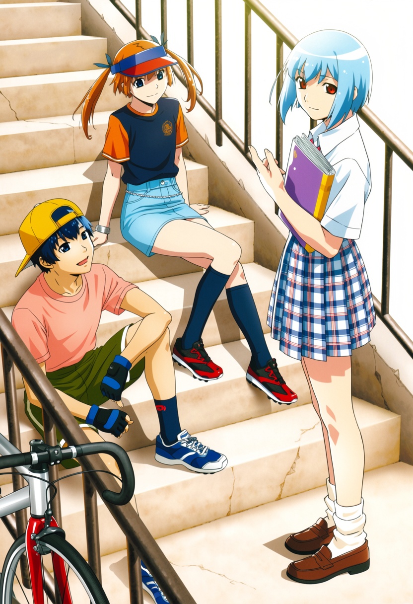 In a bright,  full-length shot set against an outdoor concrete staircase,  three teenagers pose in casual school and stree...