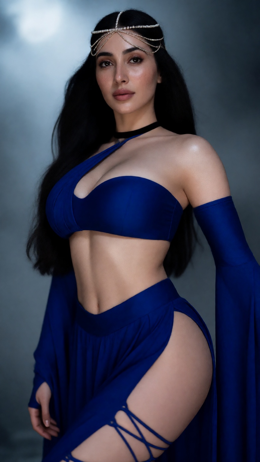 A realistic close three-quarter shot of a woman with a voluptuous hourglass figure standing in a confident upright pose wi...