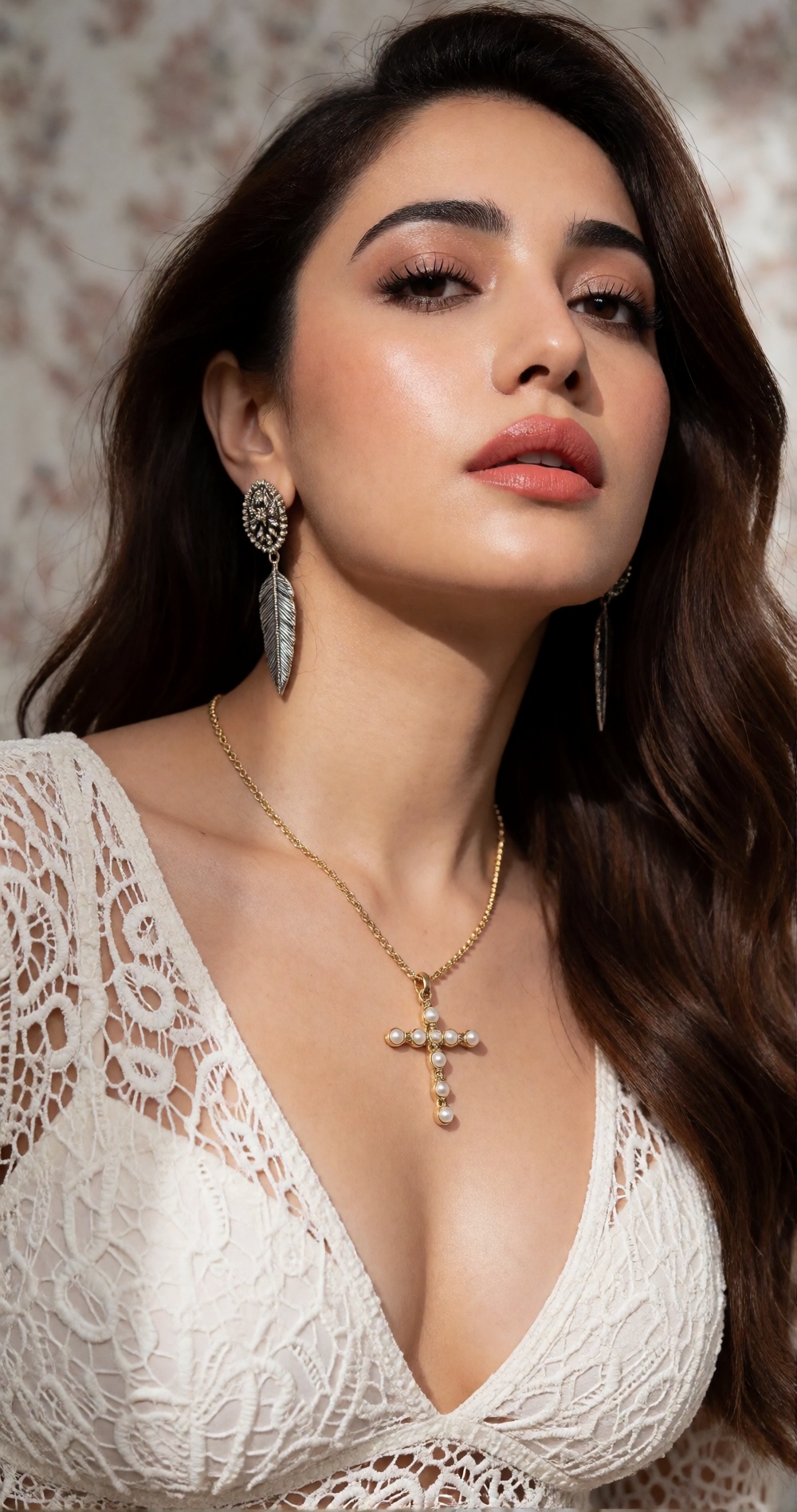 Photograph of a young woman with light olive skin,  full lips painted in a soft coral shade,  and long on Tensor.Art
