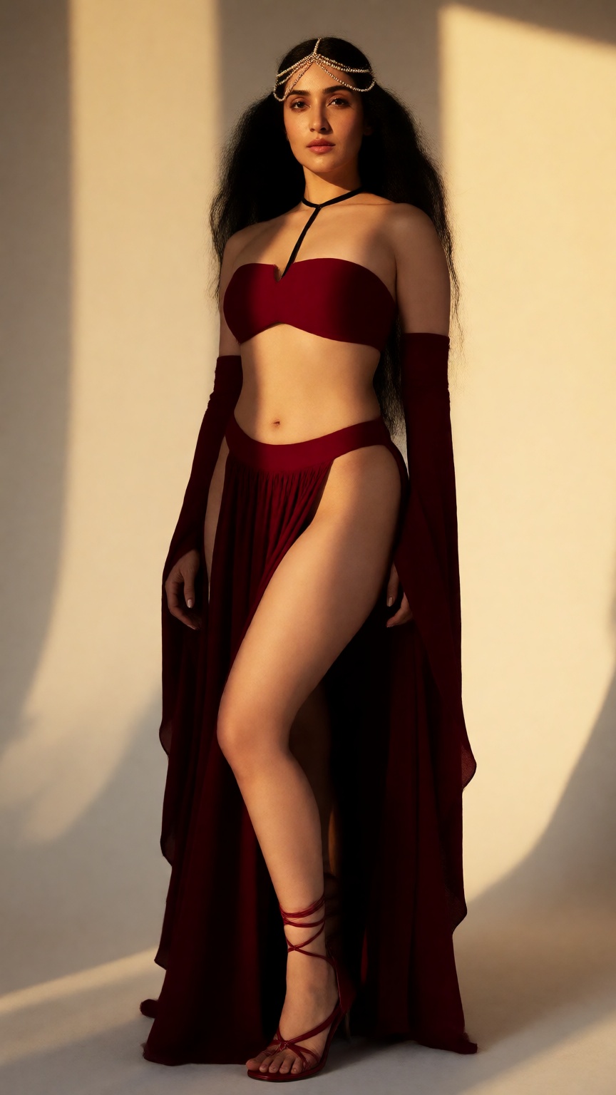A realistic three-quarter low-angle shot of a woman with a voluptuous hourglass figure standing in an elegant contrapposto...
