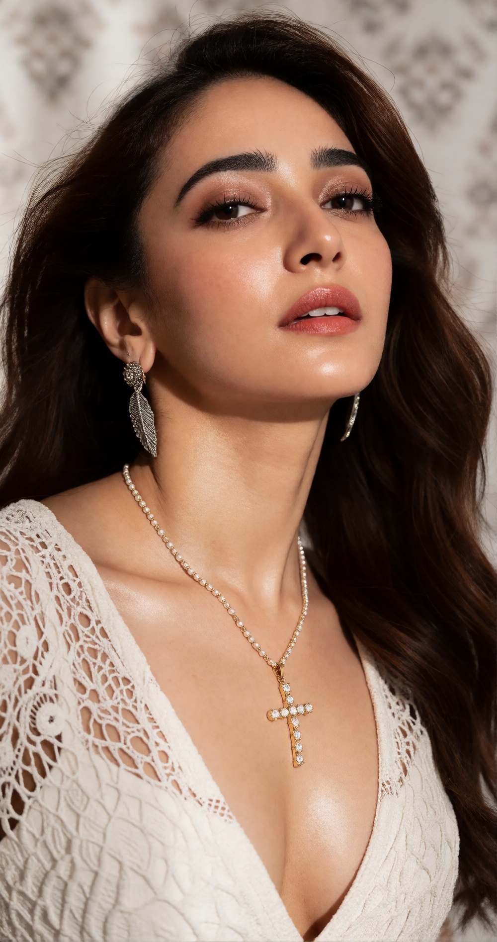 Photograph of a young woman with light olive skin,  full lips painted in a soft coral shade,  and long on Tensor.Art
