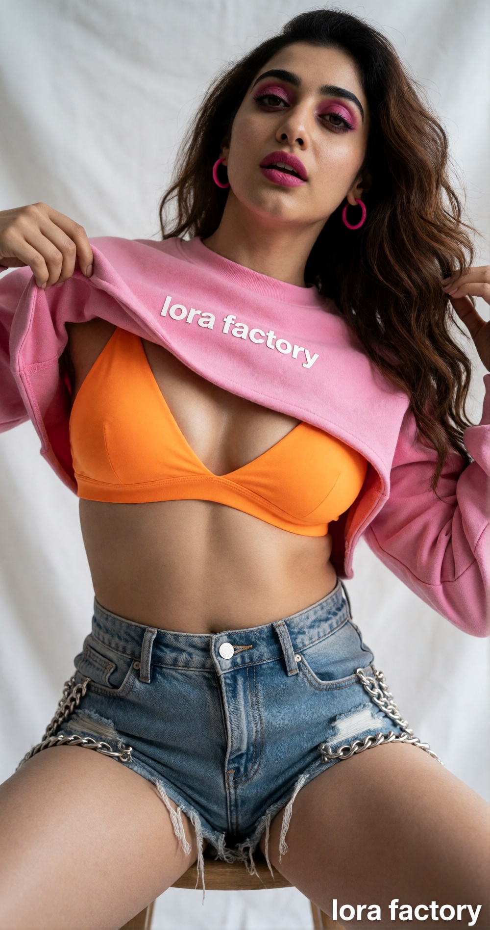 Photograph of a young woman with long,  wavy brown hair and olive skin. She is wearing a pink,  long-sleeved cropped sweat...