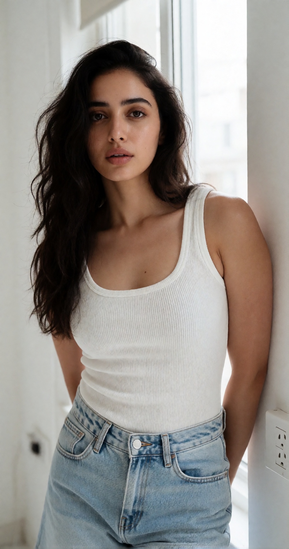 Photograph of a young woman with long,  wavy,  dark brown hair and light brown skin on Tensor.Art