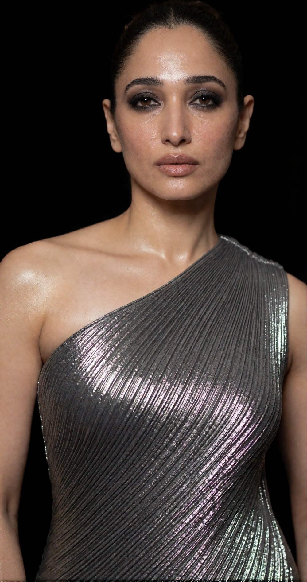 Photograph of a woman with a light brown skin tone,  dark brown hair pulled back into a sleek bun,  and strong on Tensor.Art