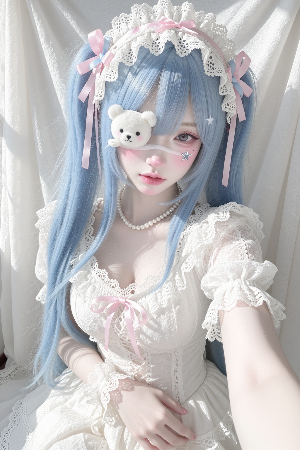 character: young female,  pale skin,  pastel blue hair with twin tails and bangs on Tensor.Art