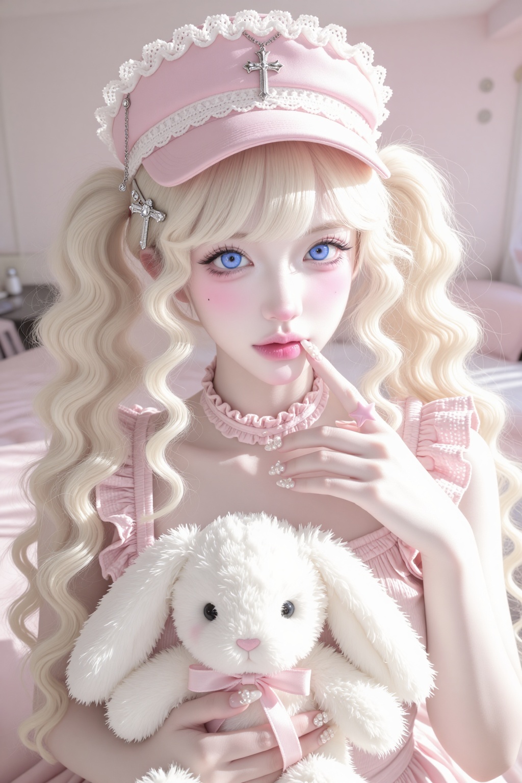 character: young female,  ultra-pale porcelain skin,  large round bright blue eyes on Tensor.Art