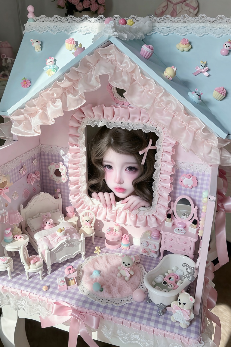 bouncy big barrel curls fastened with a dainty ribbon clip,  ,  round expressive eyes A photorealistic pastel kawaii edito...