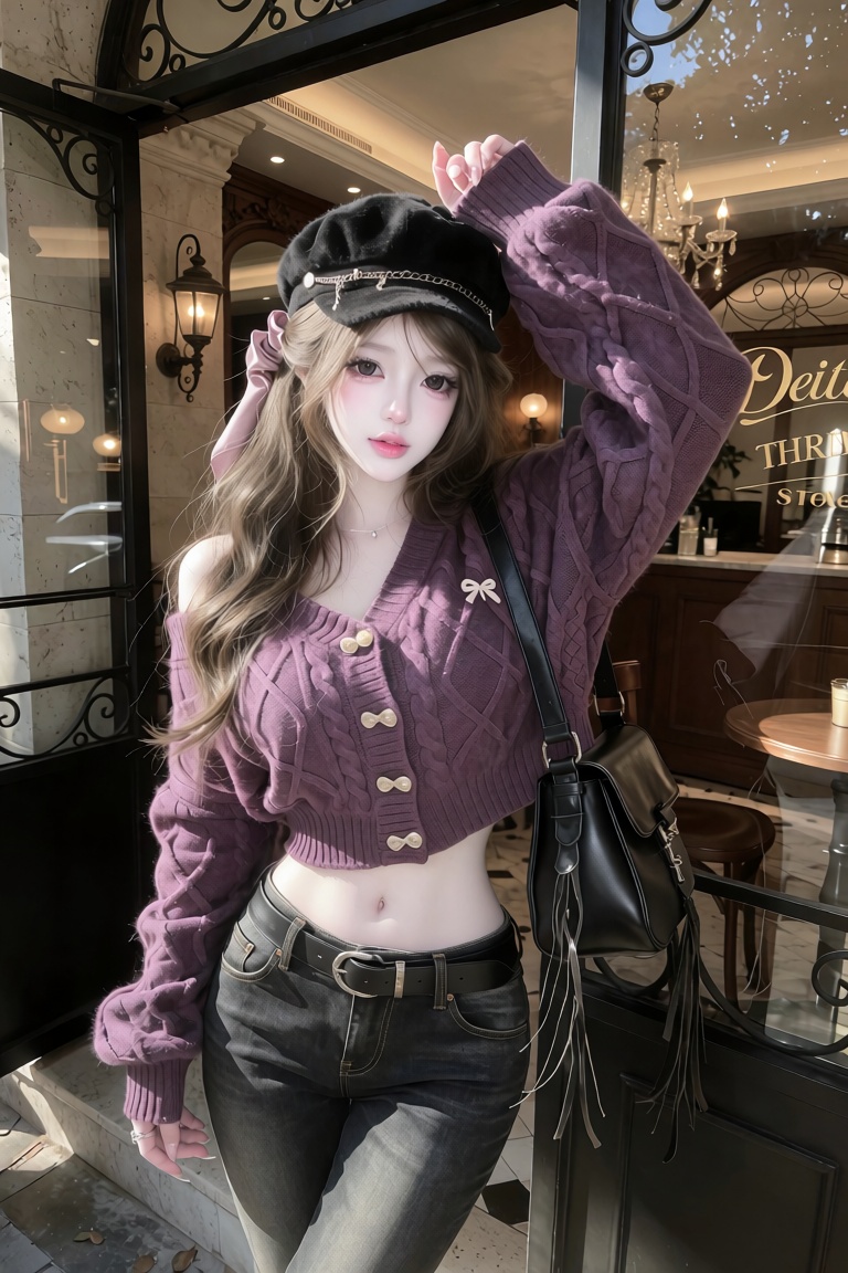 half-up half-down hairstyle tied with a silk scrunchie and loose face-framing waves,  A photorealistic Korean street-style...