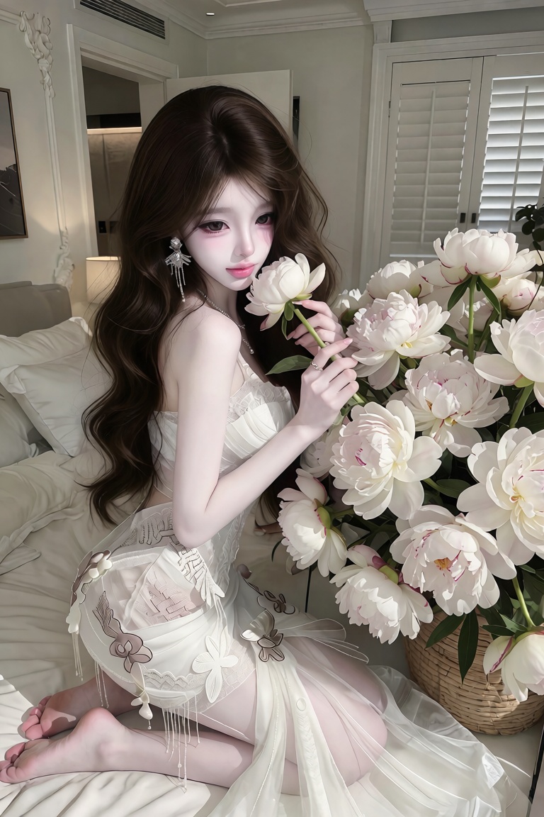 voluminous Korean goddess waves with soft curtain bangs sweeping over shoulders,  ,  sharp feline eyes A photorealistic el...