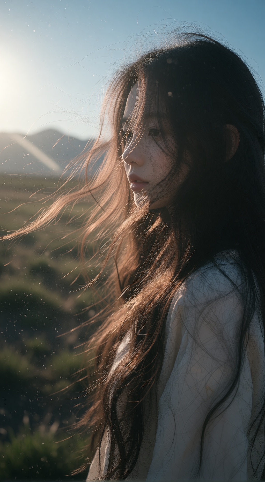 A poetic and solitary backlit portrait. The figure is on the right side of the image. A young woman with long,  flowing ha...