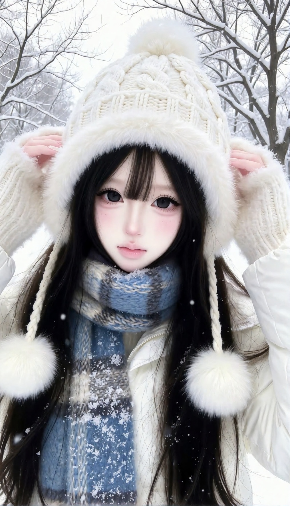 A young woman taking a close-up selfie outdoors in a snowy winter landscape,  face centered and framed tightly,  both hand...