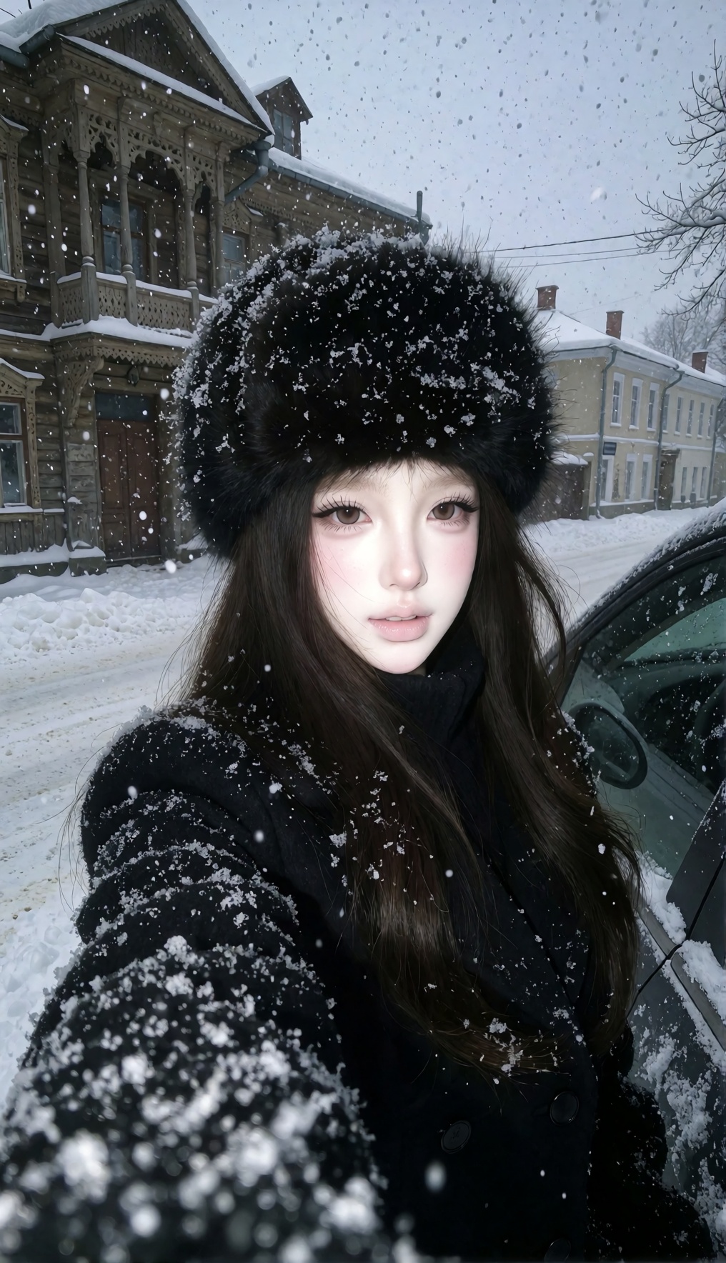 A young woman taking a selfie outdoors in heavy snowfall,  arm extended toward the camera,  slight angle from above. She w...
